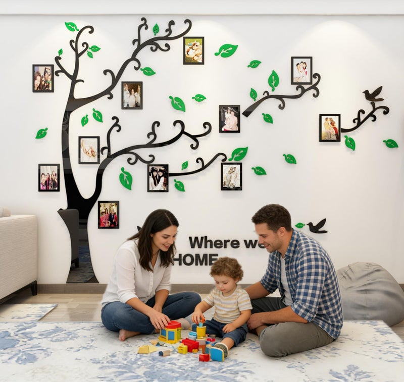 guangmu 3D Tree Wall Stickers - DIY Photo Frame Tree Wall Decal Family Photo Frame Sticker Murals Wall Decor Living Room Bedroom TV Background Home Decorations (XL:109 * 79in,Green Right) - Image 2